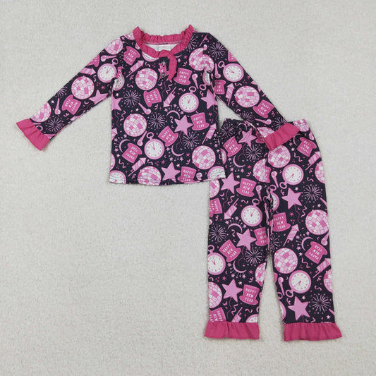 GLP2771-XS-3XL Happy New Year Rose Red Ruffle Long Sleeve Pants Girls Pajamas Set 202510 RTS
