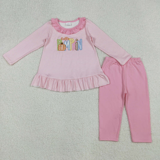 GLP2772 Embroidered Pumpkin Letter Pink Ruffle Stripe Long Sleeve Pants Girls Set 202510 RTS