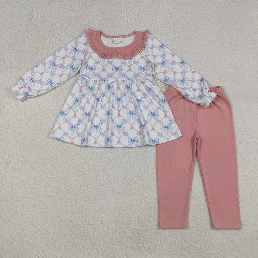 GLP2774 Pink Doll Collar Floral Bows Long Sleeve Pants Girls Set 202509 RTS
