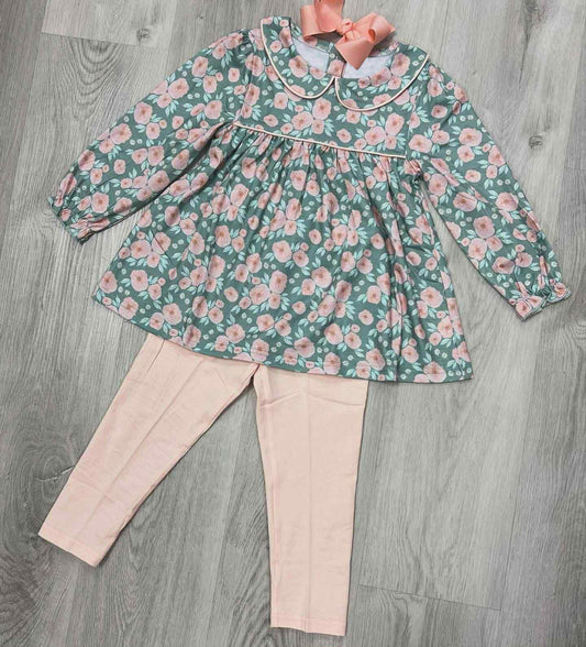 MOQ 8 Preorder GLP2776 Floral Doll Collar Long Sleeve Pink Leggings Girls Set 202508
