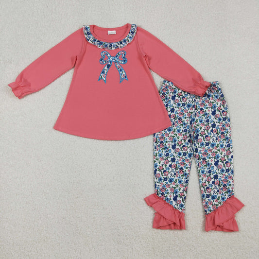 GLP2777 Embroidered Floral Bow Ruffle Rose Red Long Sleeve Pants Girls Set 202510 RTS
