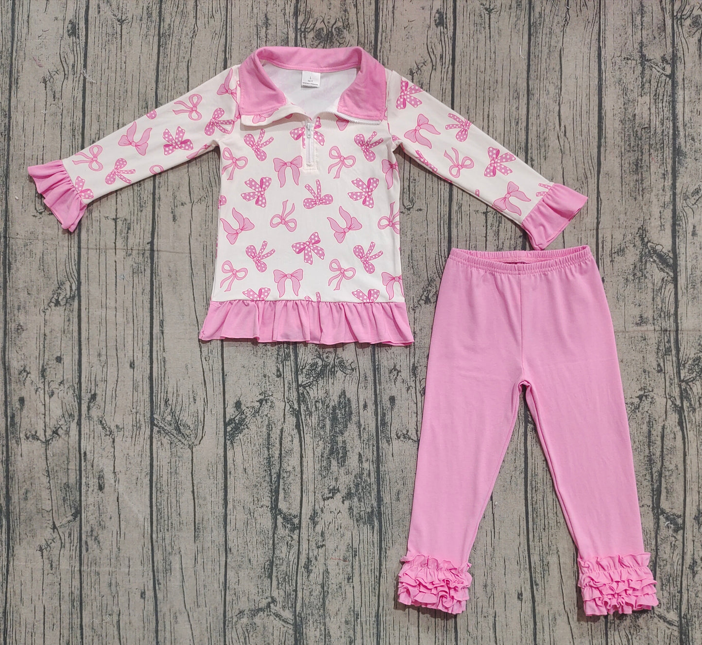GLP2778 Bow Pattern Rose Red Ruffle Zip up Collar Long Sleeve Pants Girls Set 202509 RTS