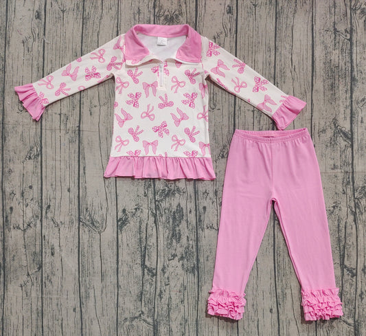 GLP2778 Bow Pattern Rose Red Ruffle Zip up Collar Long Sleeve Pants Girls Set 202509 RTS