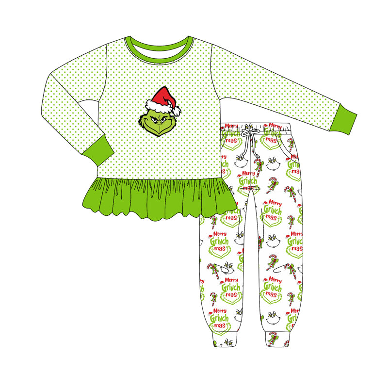 MOQ 5 Preorder GLP2779 Christmas Grinch Dots Green Ruffle Long Sleeve Pants Girls Set 202508