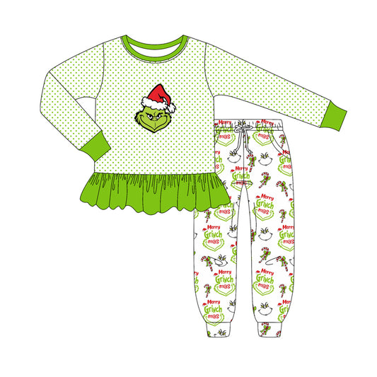 MOQ 8 Preorder GLP2779 Christmas Grinch Dots Green Ruffle Long Sleeve Pants Girls Set 202508