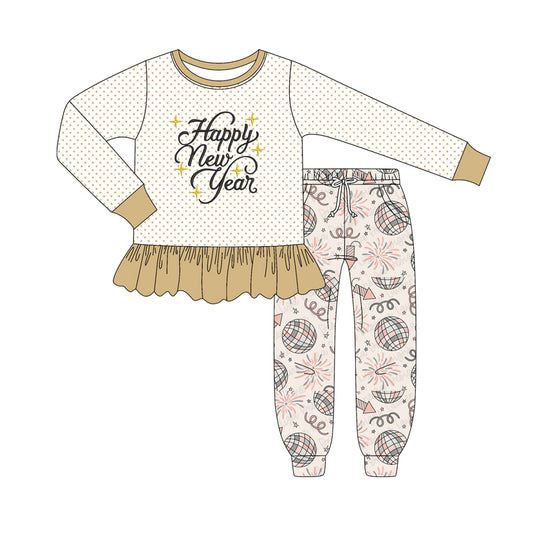 MOQ 8 Preorder GLP2780 Happy New Year Dots Khaki Ruffle Long Sleeve Pants Girls Set 202508