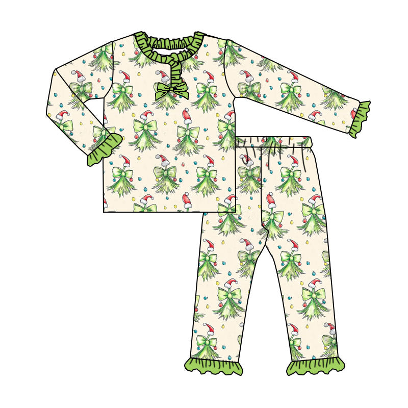 MOQ 5 Preorder GLP2783 Christmas Tree Bows Star Green Ruffle Long Sleeve Pants Girls Pajamas Set 202508