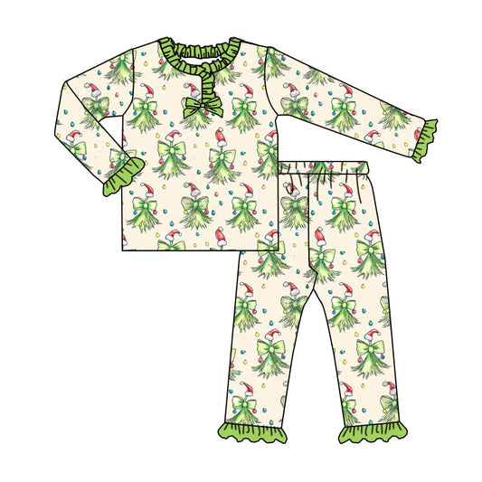 MOQ 8 Preorder GLP2783 Christmas Tree Bows Star Green Ruffle Long Sleeve Pants Girls Pajamas Set 202508