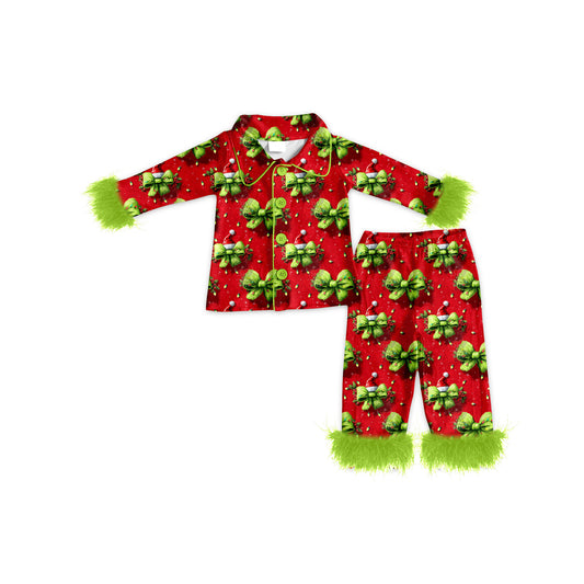 MOQ 8 Preorder GLP2784 Christmas Bows Green Plush Button Long Sleeve Pants Girls Pajamas Set 202508