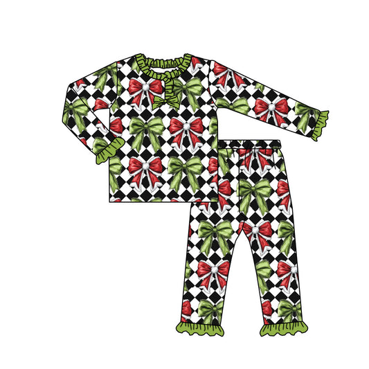 MOQ 8 Preorder GLP2786 Christmas Bows Plaid Green Ruffle Long Sleeve Pants Girls Pajamas Set 202508