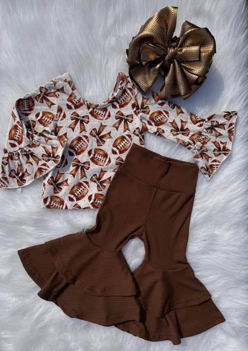 MOQ 8 Preorder GLP2787 Rugby Bows Brown Flare Long Sleeve Bell Bottom Pants Girls Set 202509