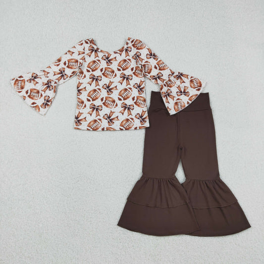 GLP2787 Rugby Bows Brown Flare Long Sleeve Bell Bottom Pants Girls Set 202512 RTS