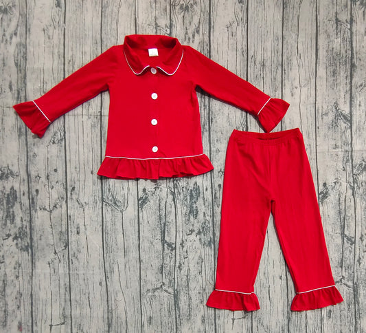 GLP2789 Red Polo Button Long Sleeve Pants Girls Pajamas Set 202509 RTS