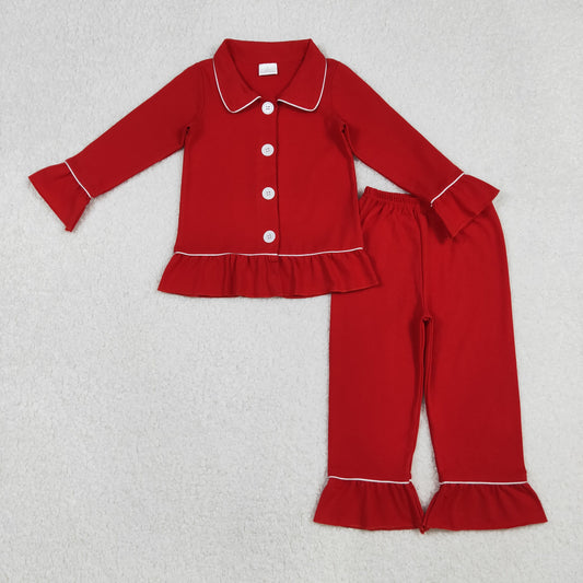 GLP2789 Red Polo Button Long Sleeve Pants Girls Pajamas Set 202509 RTS