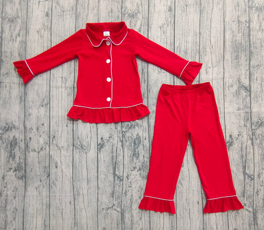 NO MOQ  Preorder GLP0101 Christmas  Red  Print Collar Girls Long Sleeve Pants Outfits Pajamas 202509