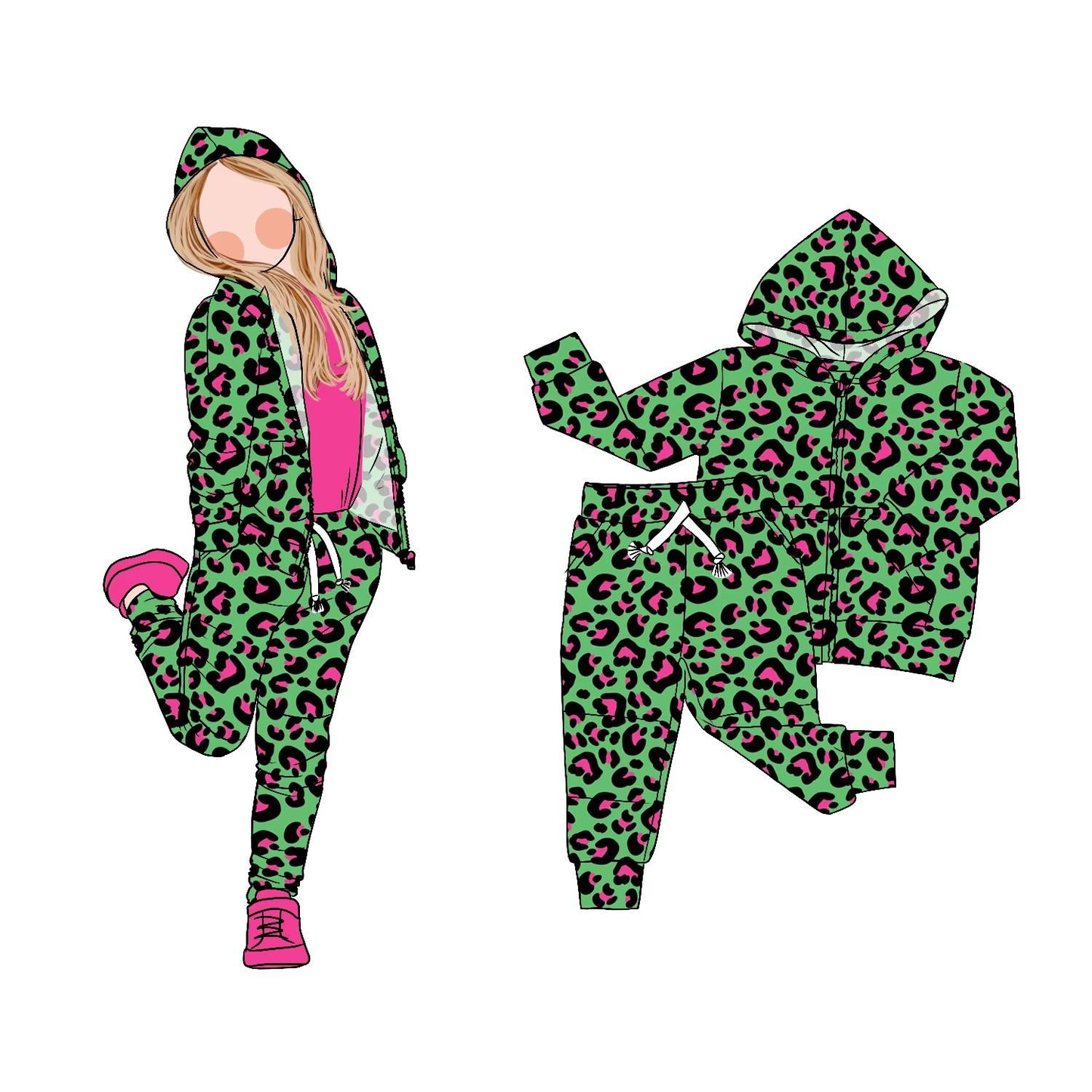 MOQ 8 Preorder GLP2792 2 PCS Leopard Green Zipper Hooded Long Sleeve Pants Girls Set 202509