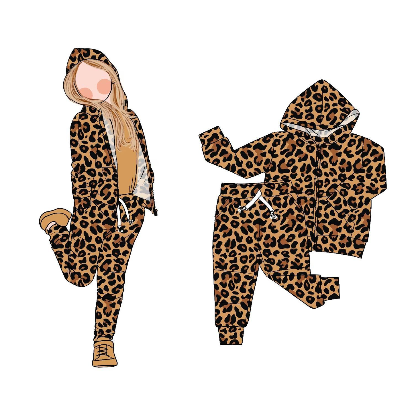 MOQ 8 Preorder GLP2793 2 PCS Leopard Brown Zipper Hooded Long Sleeve Pants Girls Set 202509