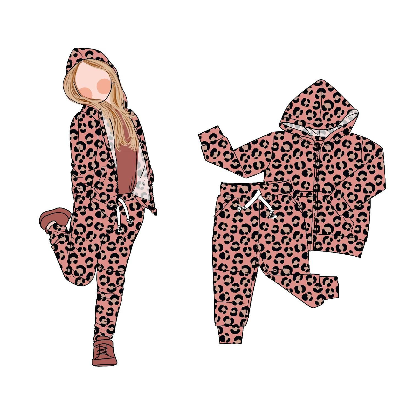 MOQ 8 Preorder GLP2794 2 PCS Leopard Dark Pink Zipper Hooded Long Sleeve Pants Girls Set 202509