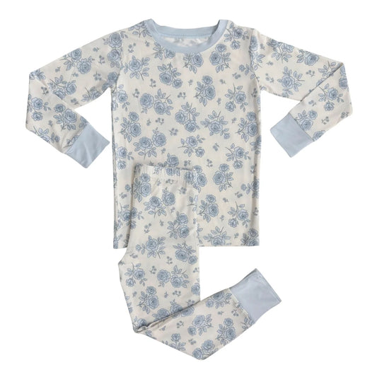 MOQ 8 Preorder GLP2796 Flower Gray Blue Long Sleeve Pants Girls Pajamas Set 202509