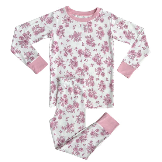 MOQ 8 Preorder GLP2797 Flower Pink Long Sleeve Pants Girls Pajamas Set 202509