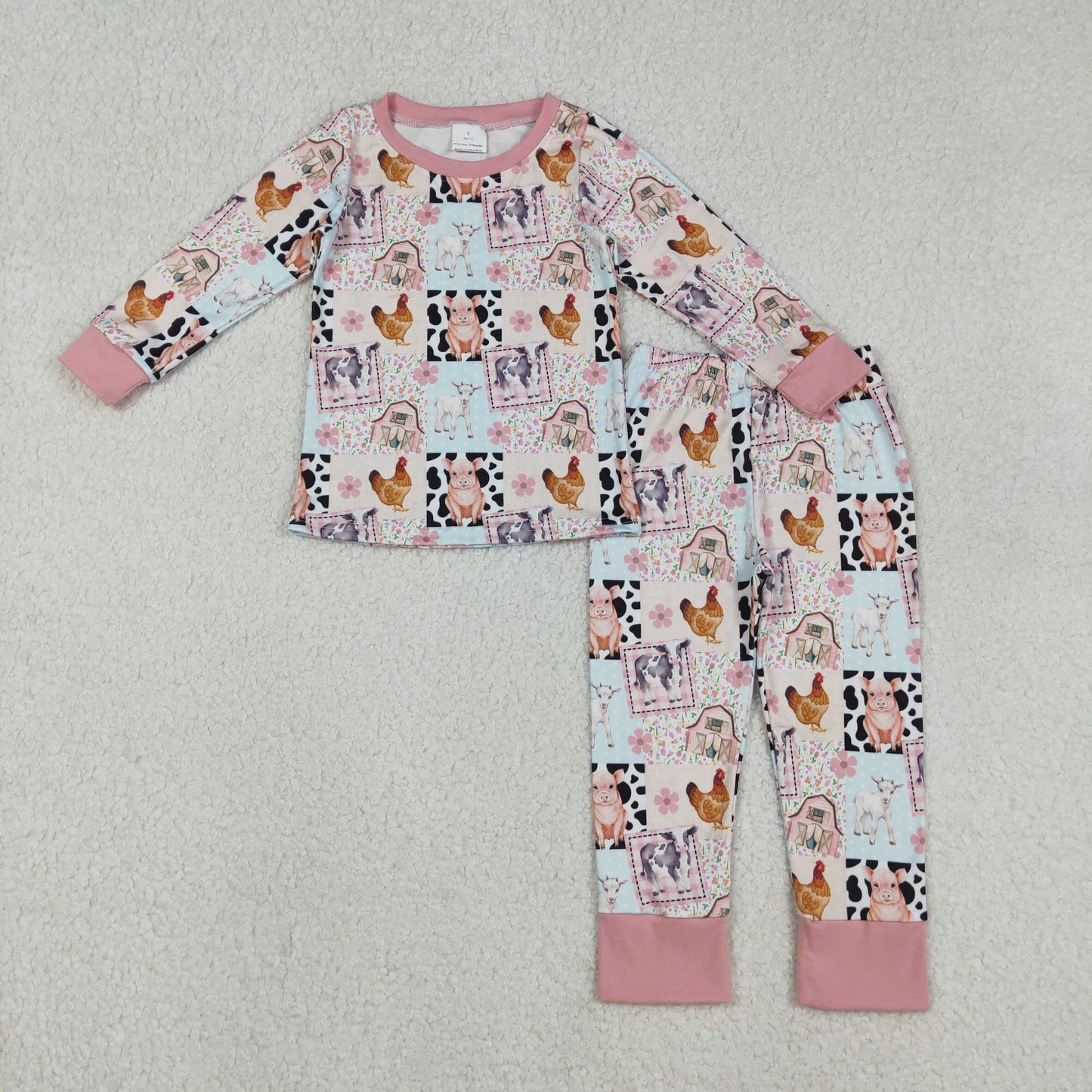 GLP2805 Chicken Pig Farm Animals Pattern Pink Long Sleeve Pants Girls Pajamas Set 202512 RTS Siblings