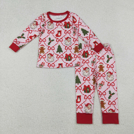 GLP2807-XS-3XL Christmas Tree Bows Gingerbread Man Red Long Sleeve Pants Girls Pajamas Set 202510 RTS