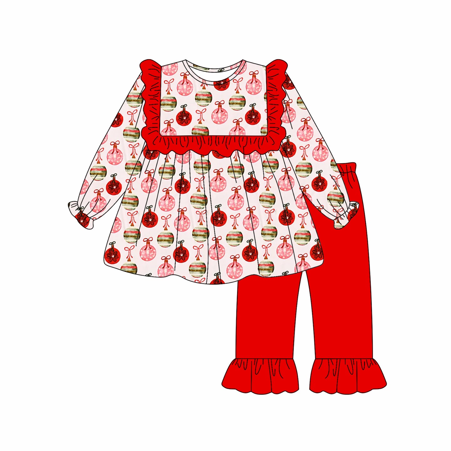 MOQ 8 Preorder GLP2811 Christmas Light Ball Bow Pattern Red Ruffle Long Sleeve Pants Girls Set 202509