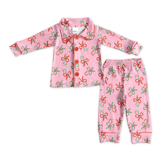 MOQ 8 Preorder GLP2813 Christmas Cane Pink Button Long Sleeve Pants Girls Pajamas Set 202509