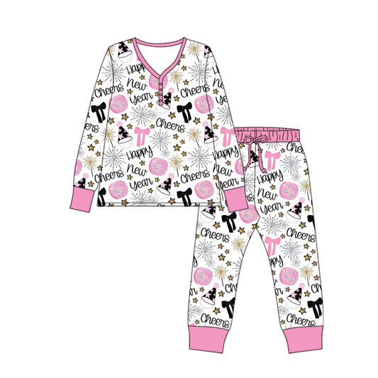 MOQ 8 Preorder GLP2817 Adult Female Happy New Year Pink Long Sleeve Pants Pajamas Sets 202509