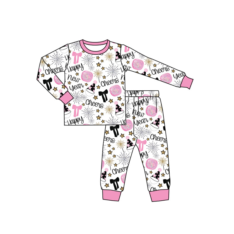 MOQ 8 Preorder GLP2818 Happy New Year Pink Long Sleeve Pants Girls Pajamas Set 202509