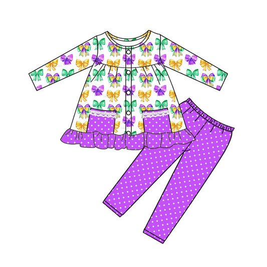 MOQ 8 Preorder GLP2820 Purple Dots Ruffle Bows Long Sleeve Pants Girls Set 202509