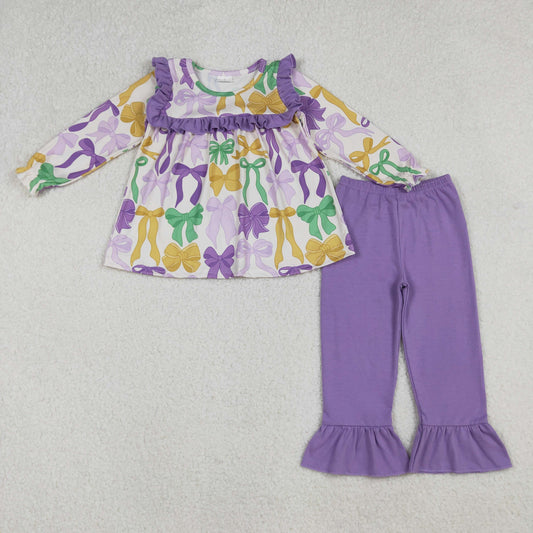 GLP2822-XS-3XL Mardi Gras Bows Purple Ruffle Long Sleeve Pants Girls Set 202510 RTS