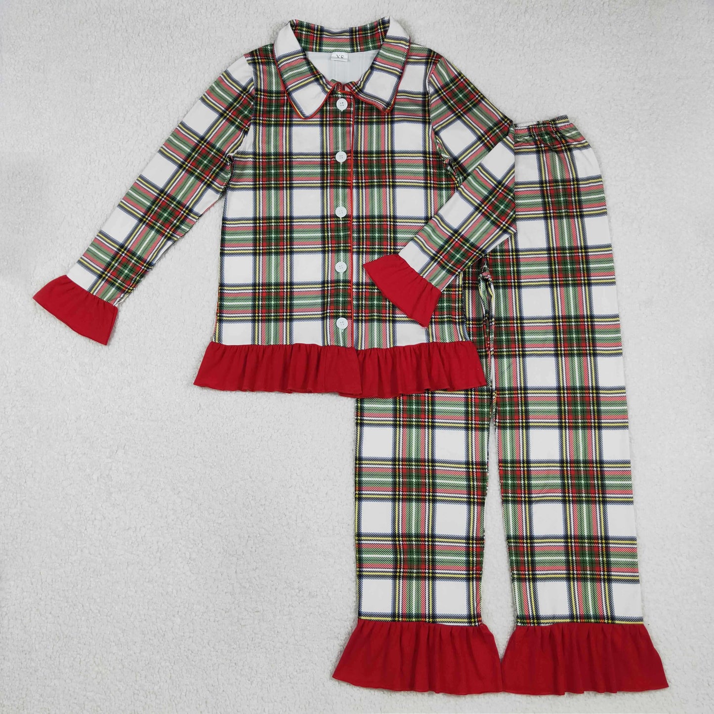 GLP2827 Adult Female Red Green Plaid Ruffle Long Sleeve Pants Pajamas Sets 202511 RTS