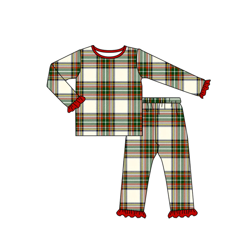 MOQ 8 preorder GLP2829 Red Green Plaid Ruffle Long-Sleeved Pants Girls Pajamas Set 202509