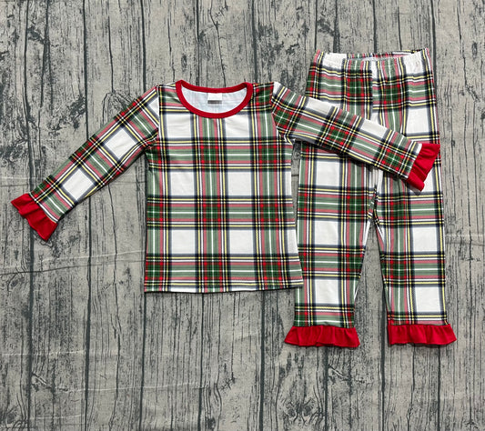 GLP2829 Red Green Plaid Ruffle Long-Sleeved Pants Girls Pajama Set 202511 RTS