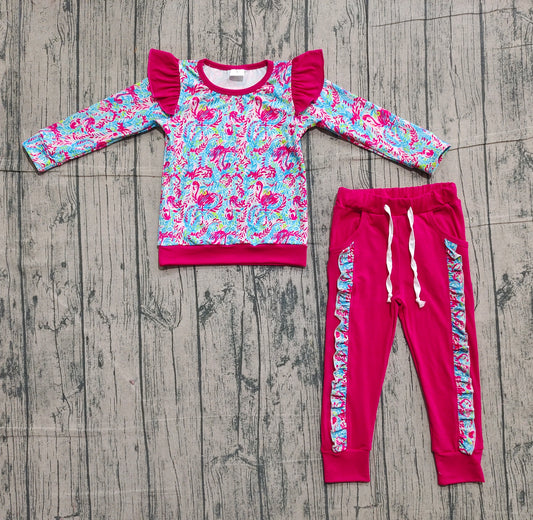 NO MOQ preorder GLP2831 Flower Rose Red Ruffle Long-Sleeved Pants Girls Set 202511