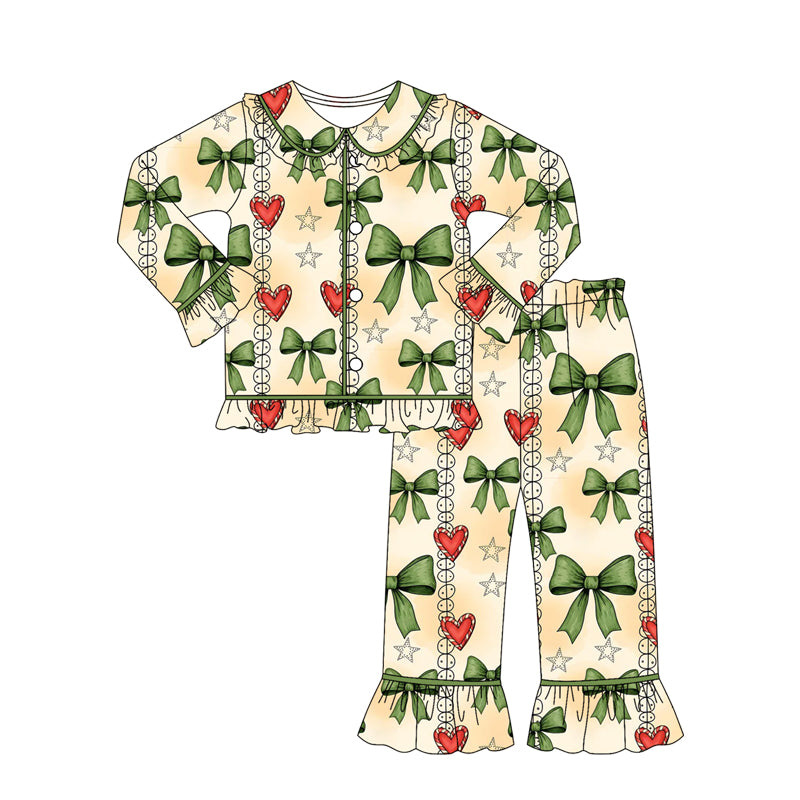 MOQ 8 Preorder GLP2833 Green Bows Love Ruffle Doll Collar Long Sleeve Pants Girls Pajamas Set 202509