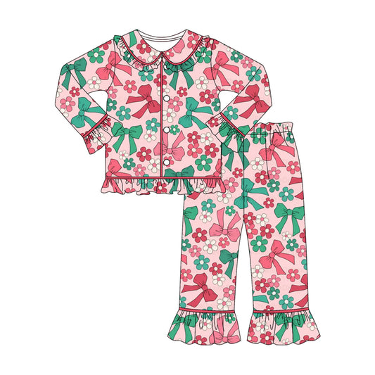 MOQ 8 Preorder GLP2834 Pink Green Bows Flower Ruffle Doll Collar Long Sleeve Pants Girls Pajamas Set 202509