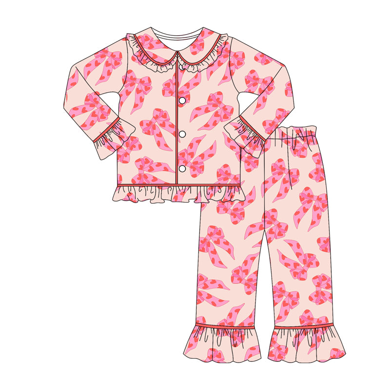 MOQ 8 Preorder GLP2837 Valentine's Day Love Bows Ruffle Doll Collar Long Sleeve Pants Girls Pajamas Set 202509