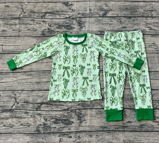 GLP2840-XS-3XL Bows Green Long Sleeve Pants Girls Pajamas Set 202509 RTS