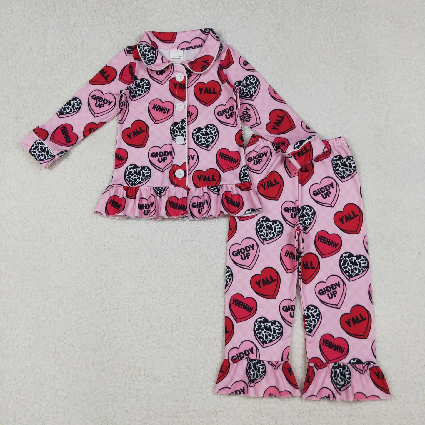 GLP2843-XS-3XL Valentine's Day Love Ruffle Polo Button Long Sleeve Pants Girls Pajamas Set 202510 RTS Sibling