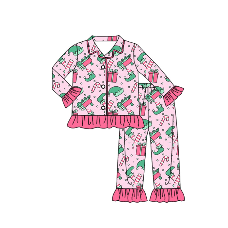 MOQ 8 Preorder GLP2844 Christmas Gift Pink Ruffle Polo Button Long Sleeve Pants Girls Pajamas Set 202509