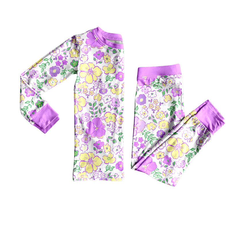 MOQ 8 Preorder GLP2846 Flower Purple Long Sleeve Pants Girls Pajamas Set 202509