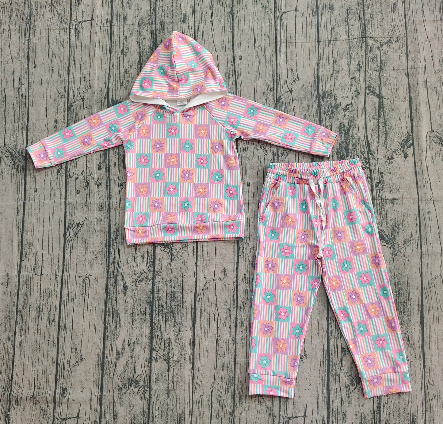 GLP2853-XS-3XL Flower Stripe Plaid Pink Hooded Long Sleeve Pants Girls Set 202510 RTS