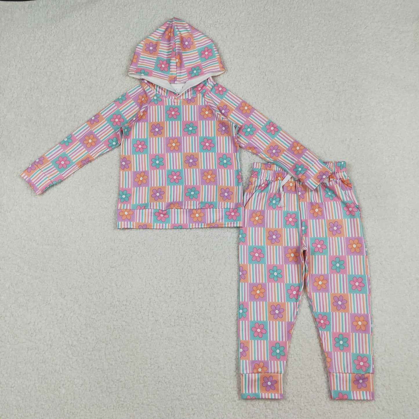GLP2853-XS-3XL Flower Stripe Plaid Pink Hooded Long Sleeve Pants Girls Set 202510 RTS