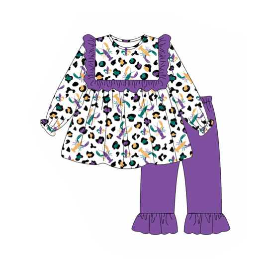 MOQ 8 Preorder GLP2855 Mardi Gras Crayfish Purple Ruffle Long Sleeve Pants Girls Set 202509