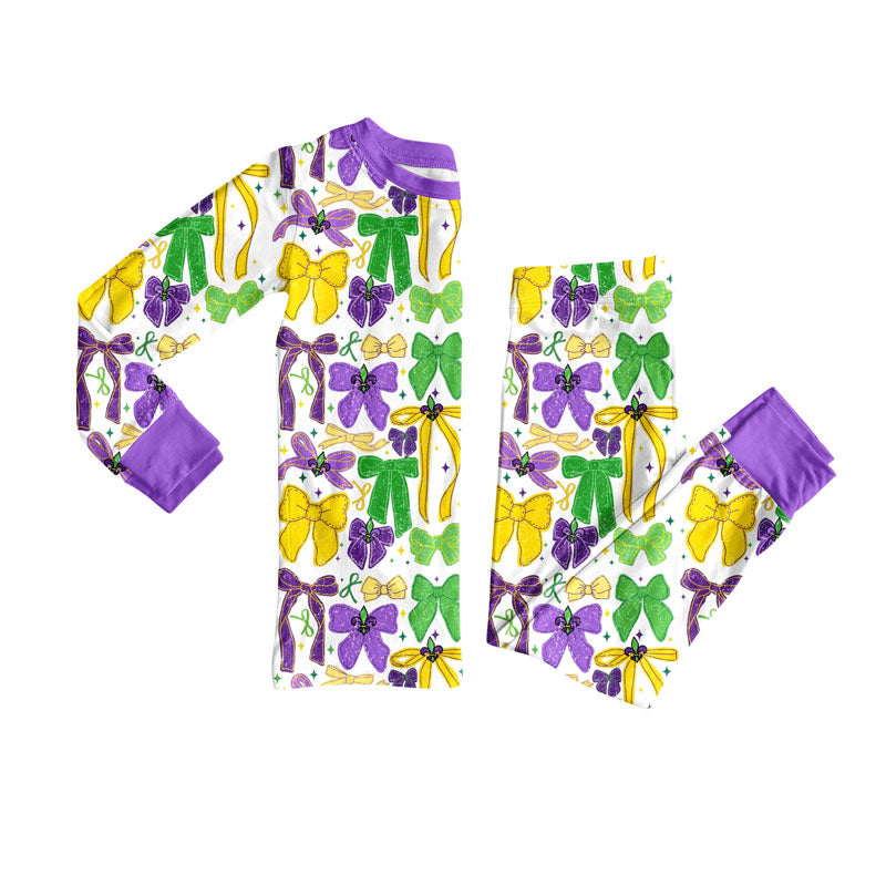 MOQ 8 Preorder GLP2857 Mardi Gras Bows Purple Long Sleeve Pants Girls Pajamas Set 202509