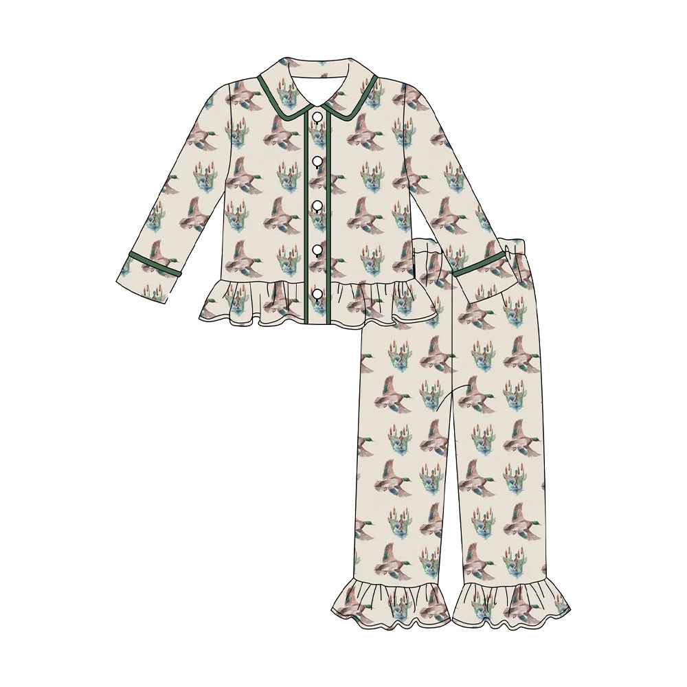 MOQ 8 Preorder GLP2859 Christmas Duck Hunting Polo Button Ruffle Long Sleeve Pants Girls Pajamas Set 202509 Sibling