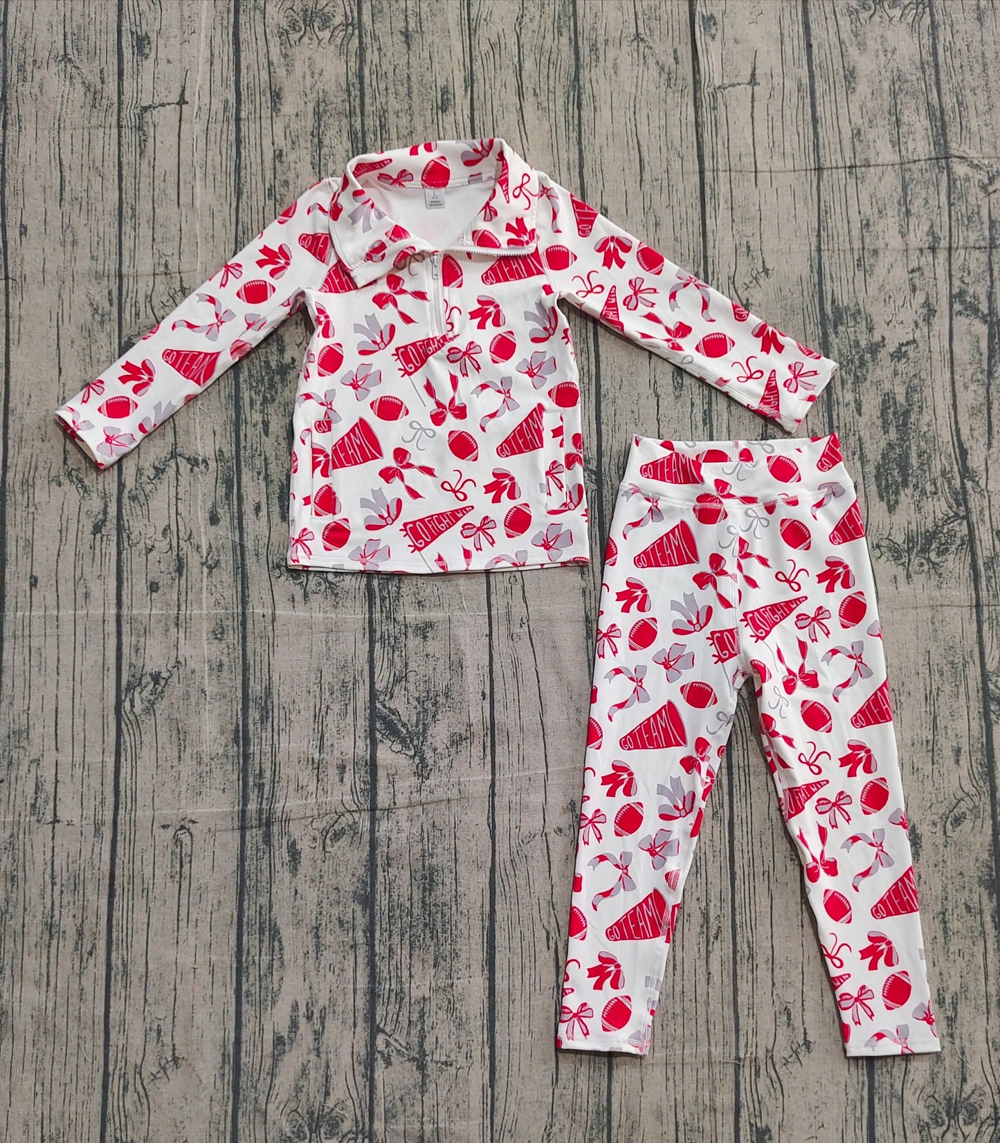 NO MOQ preorder GLP2860 Go Team Football Zipper Collar Red Gray Long Sleeve Pants Girls Yoga Sets 202510