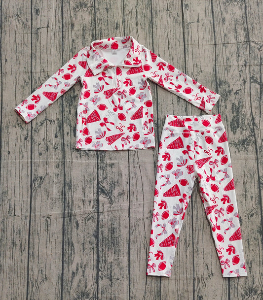NO MOQ preorder GLP2860 Go Team Football Zipper Collar Red Gray Long Sleeve Pants Girls Yoga Sets 202510